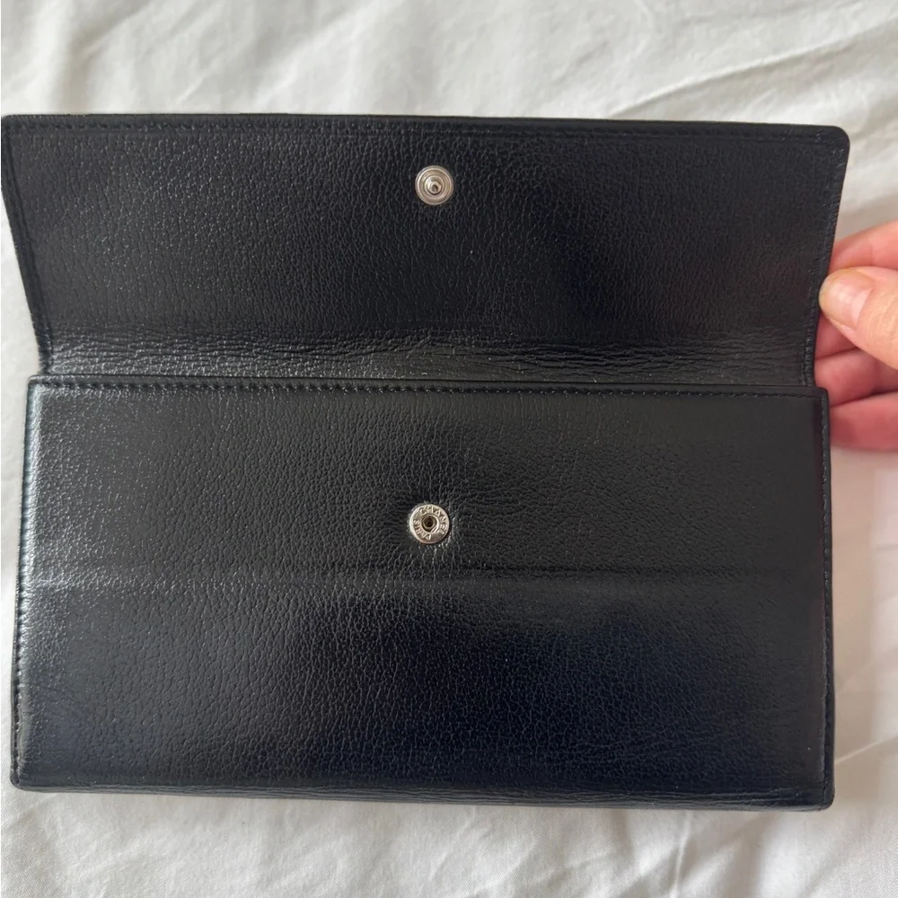 CHANEL Camellia Embossed Black Leather Long Flap Wallet Vintage